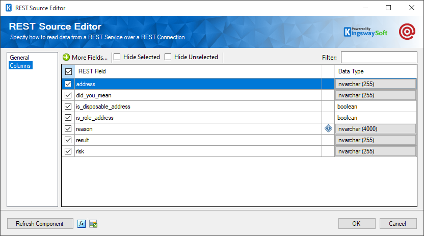 SSIS Mailgun REST Source - Columns